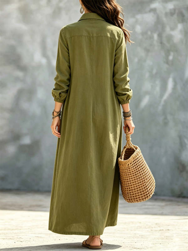 Women's Solid Color Art Casual Long Sleeve Cotton Linen Maxi Dress