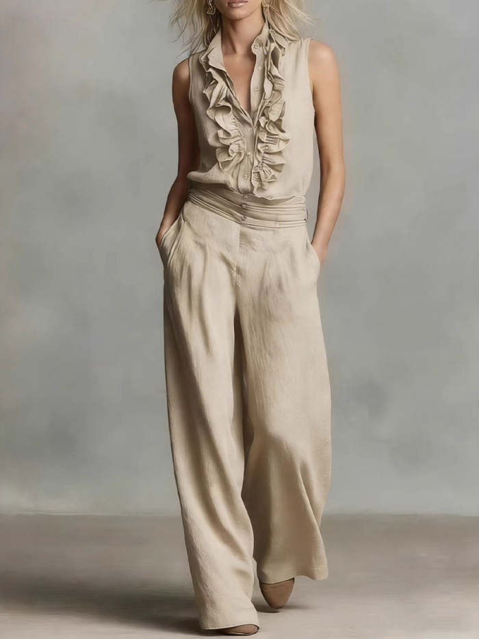 Women's Simple Linen Sleeveless Casual Shirt And Wide-leg Pants Set