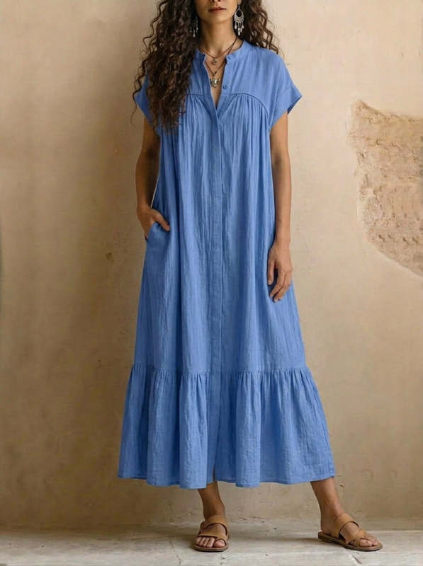Womenâs Casaul Short Sleeve Bottom Down Pocket Cotton Maxi Dress