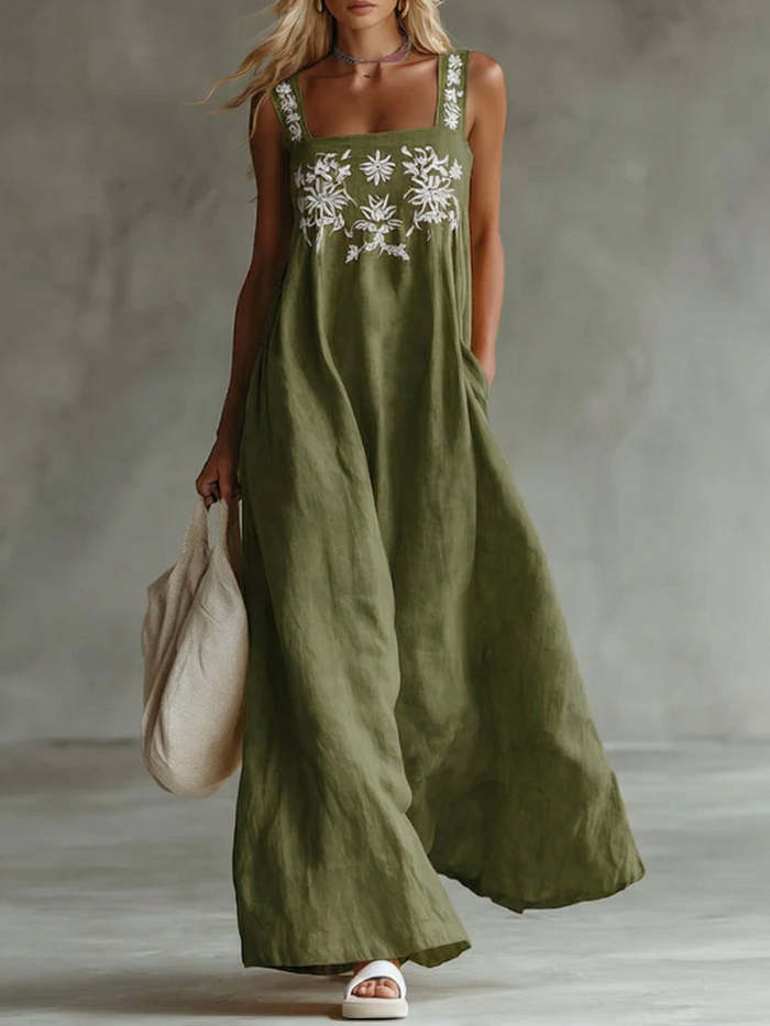 Casual Bohemian Floral-print Cotton-linen Dress