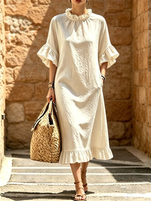 Women's Ruffled Art Casual Short Sleeve Cotton Linen Maxi Dress