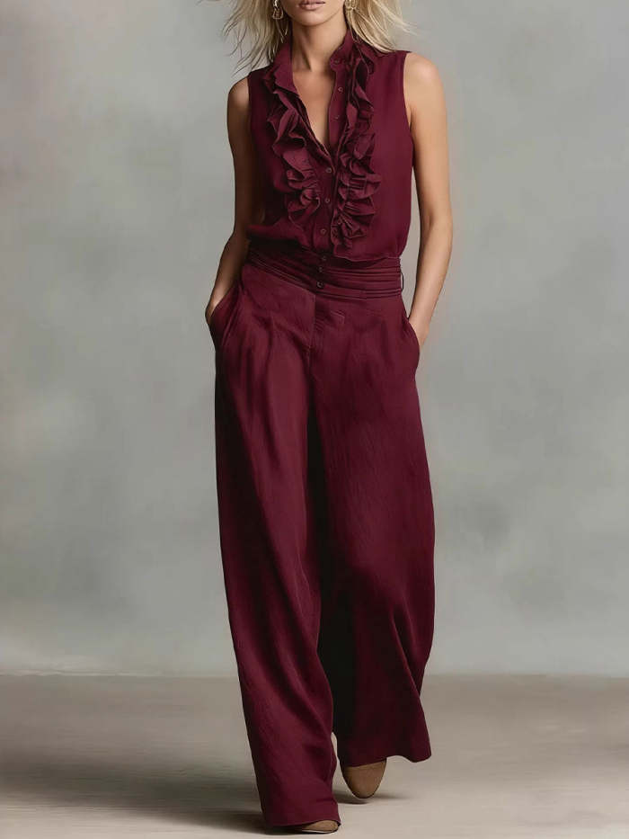 Women's Simple Linen Sleeveless Casual Shirt And Wide-leg Pants Set