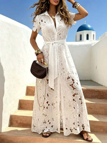 Women's Fashionable Casual Lace Solid-Colored Single-Breasted Dress