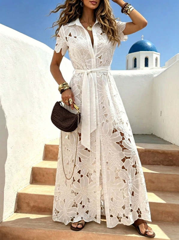 Women's Fashionable Casual Lace Solid-Colored Single-Breasted Dress