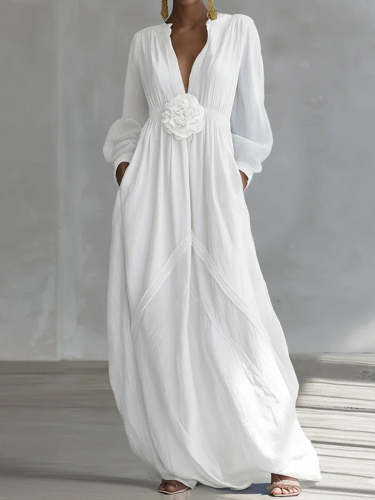 Women's Elegant 3D Floral Cotton-Linen Dress