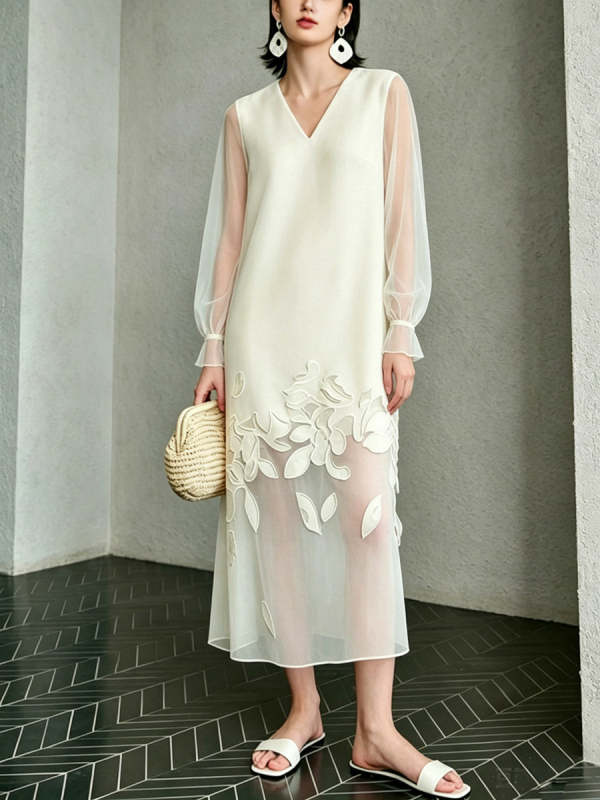 Women's Floral Pattern Art Casual Stylish Patchwork Sheer Long Sleeve Dress