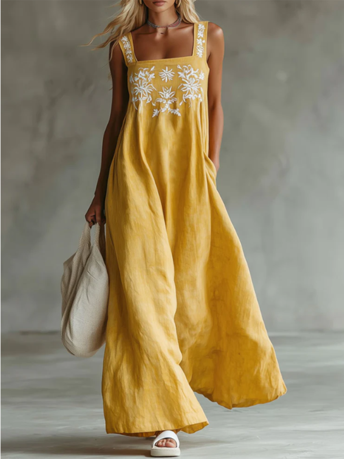 Casual Bohemian Floral-print Cotton-linen Dress