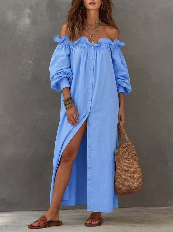 Womenâs Elegant Romantic Vocation Off-shoulder Ruffle Button Down Maxi Dress