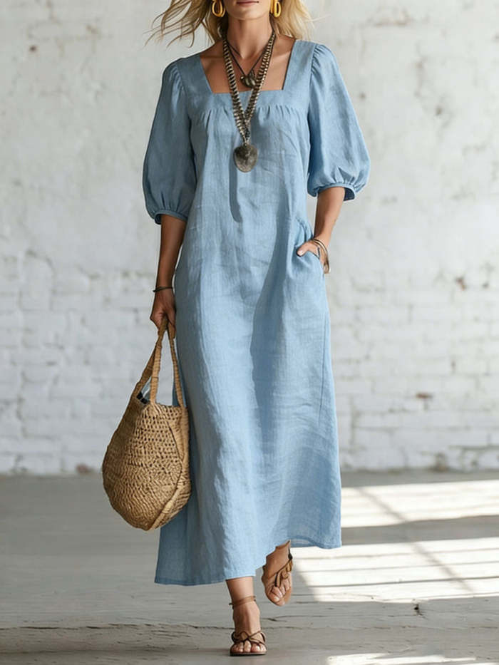 Minimalist Square Neck And Half Sleeves Casual Cotton-linen Long Dress