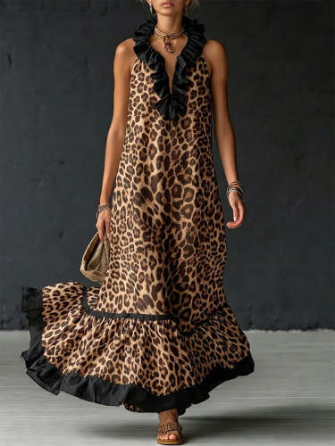 Women's Leopard Print V-neck Sleeveless Casual Loose Cotton-linen Dress