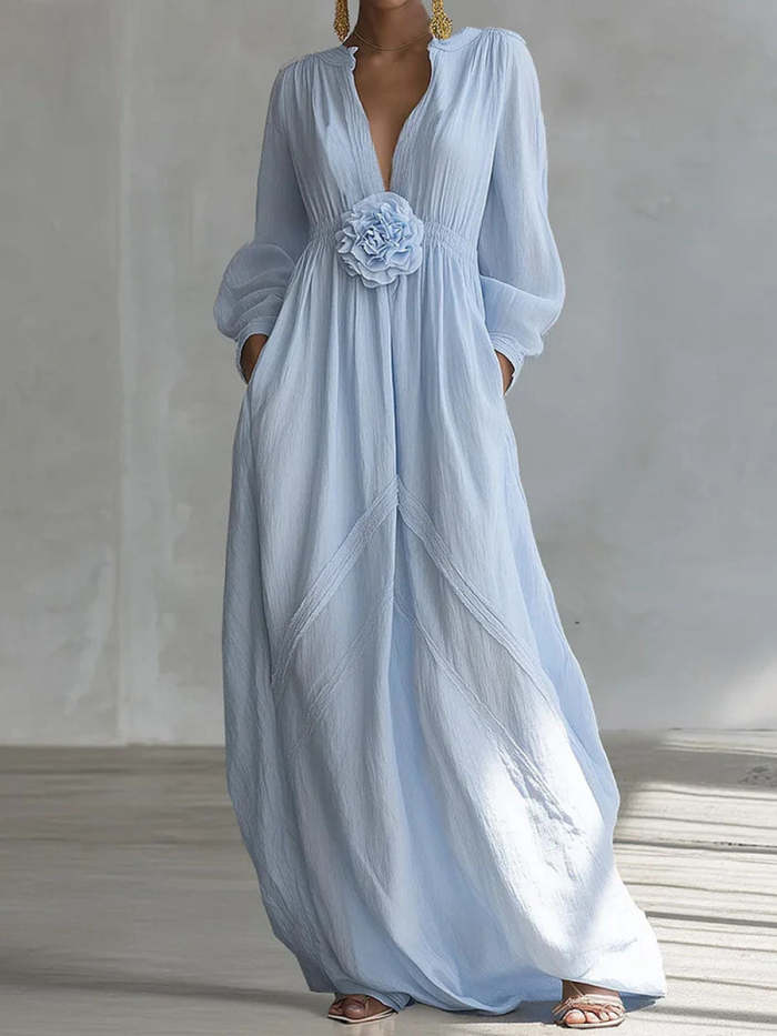 Women's Elegant 3D Floral Cotton-Linen Dress