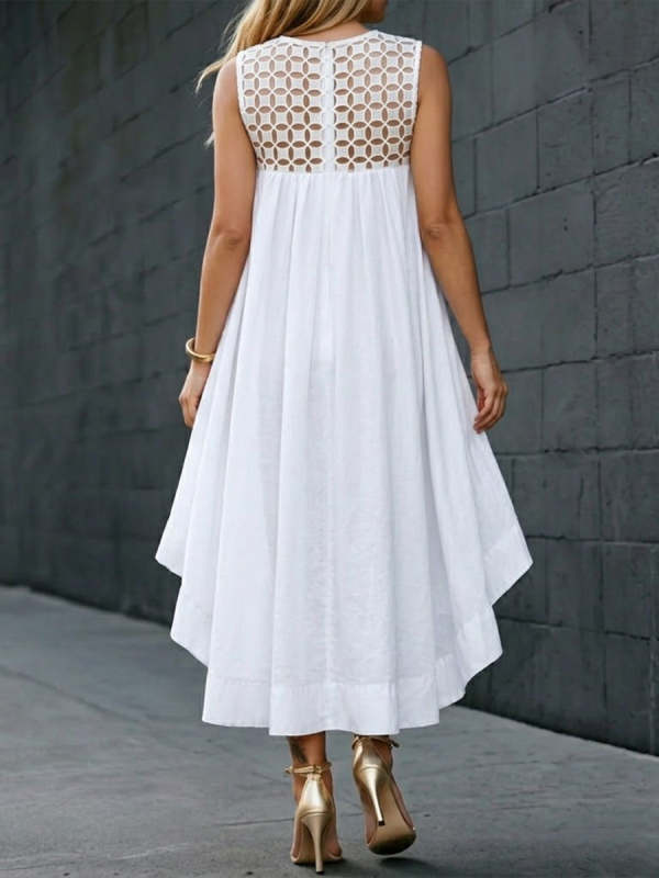 Stylish Cotton Dress With Lace Paneling And A High-low Hem