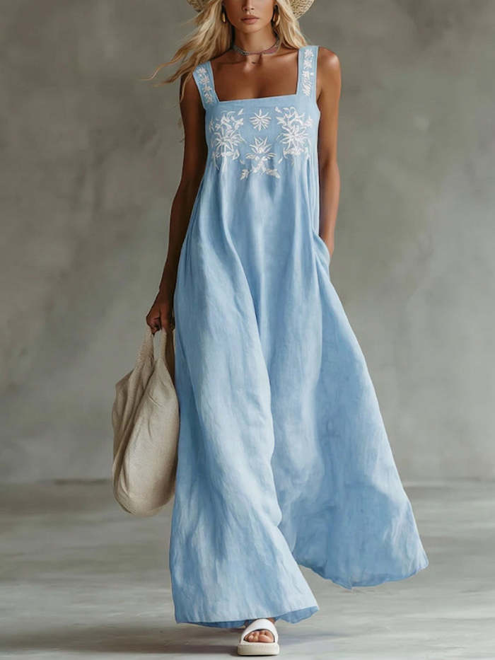 Casual Bohemian Floral-print Cotton-linen Dress