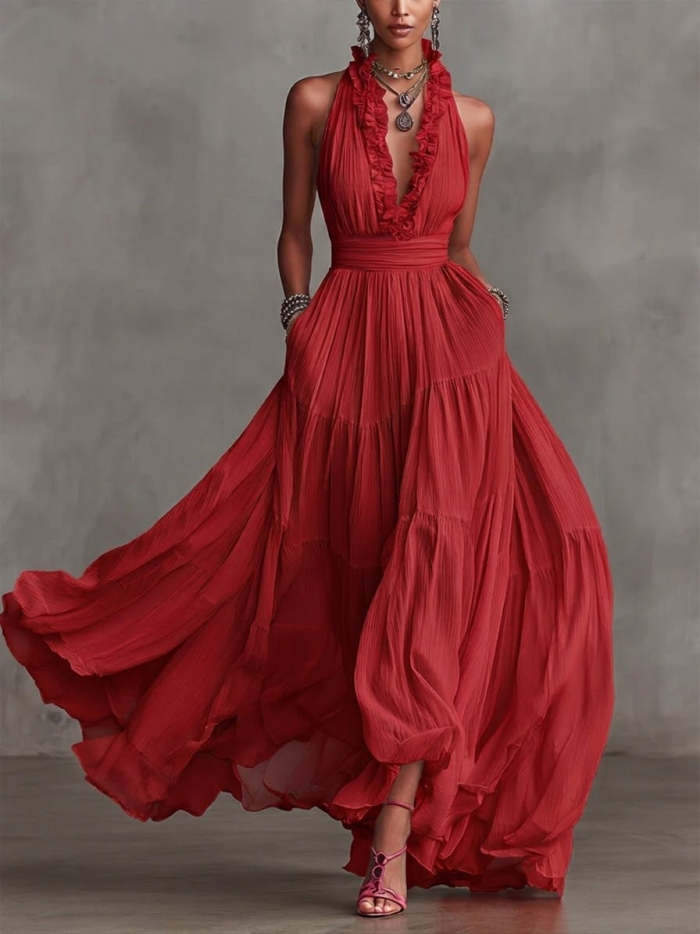 Stylish And Flowing Ruffled Collar Maxi Dress