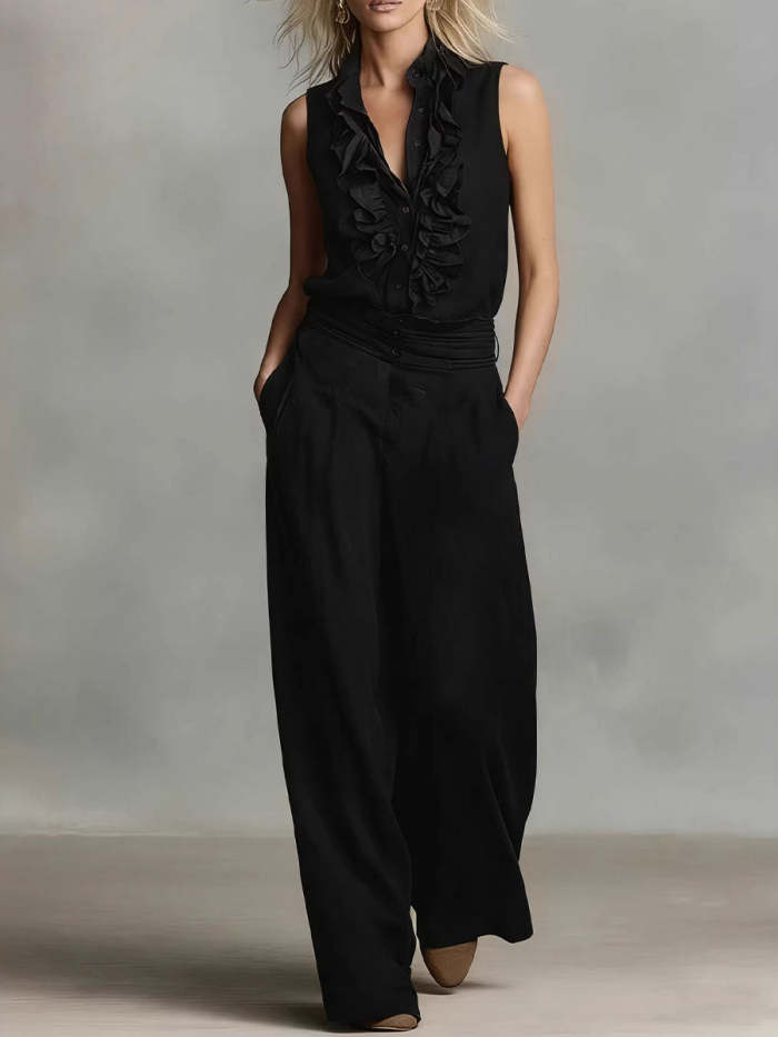 Women's Simple Linen Sleeveless Casual Shirt And Wide-leg Pants Set