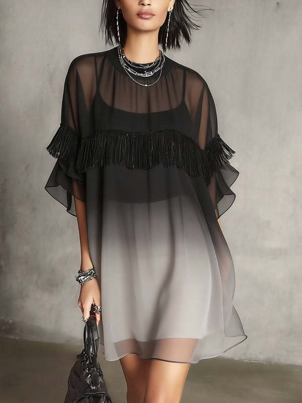 Women's Round-neck 3/4-sleeve Casual Loose-fit Gradient Chiffon Two-piece Dress