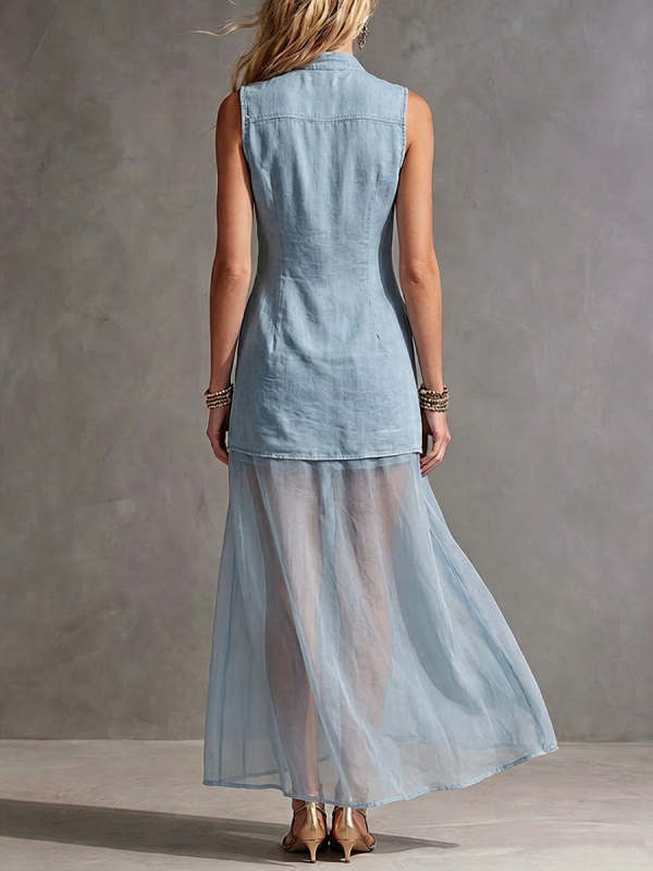 Women's Casual Loose V-neck Sleeveless Denim And Chiffon Patchwork Dress