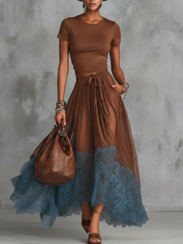 Stylish Stretch T-shirt And Lace-trimmed Skirt Two-piece Set