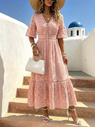 Women's V-neck Short-sleeve Cut-out Details And Single-breasted Closure Lace Dress