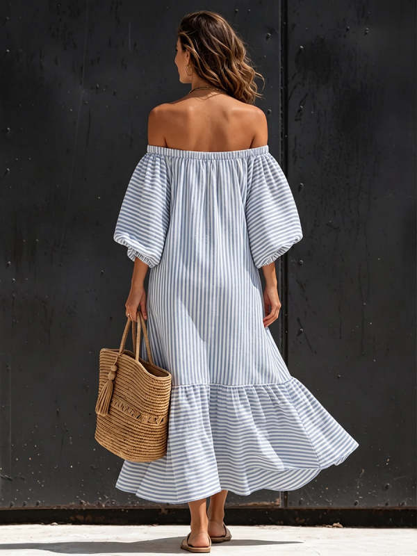 Elegant Striped Off-shoulder Cotton Dress With Lantern Sleeves