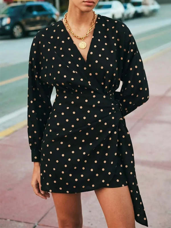Women's Beige Polka Dots Black Background Print Short Dress