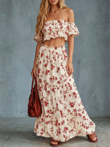 Women's Printed Off-white Short-sleeve Mesh Top With Tie Waist And Long Skirt Set