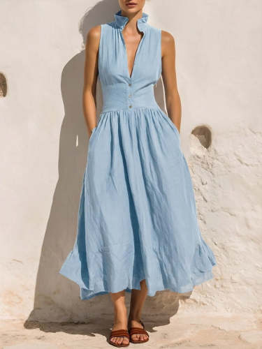 Women's Solid-color V-neck Sleeveless Loose-fit Cotton-linen Casual Dress
