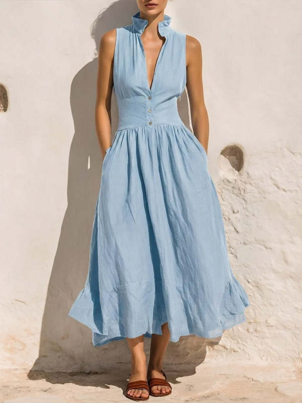 Women's Solid-color V-neck Sleeveless Loose-fit Cotton-linen Casual Dress