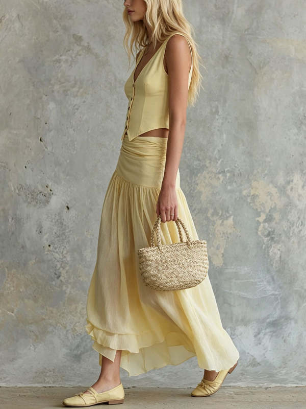 Women's Yellow Sleeveless V-neck Vest And Chiffon Skirt Set