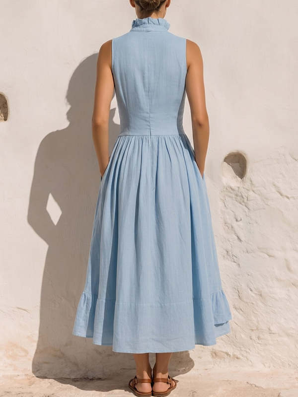 Women's Solid-color V-neck Sleeveless Loose-fit Cotton-linen Casual Dress