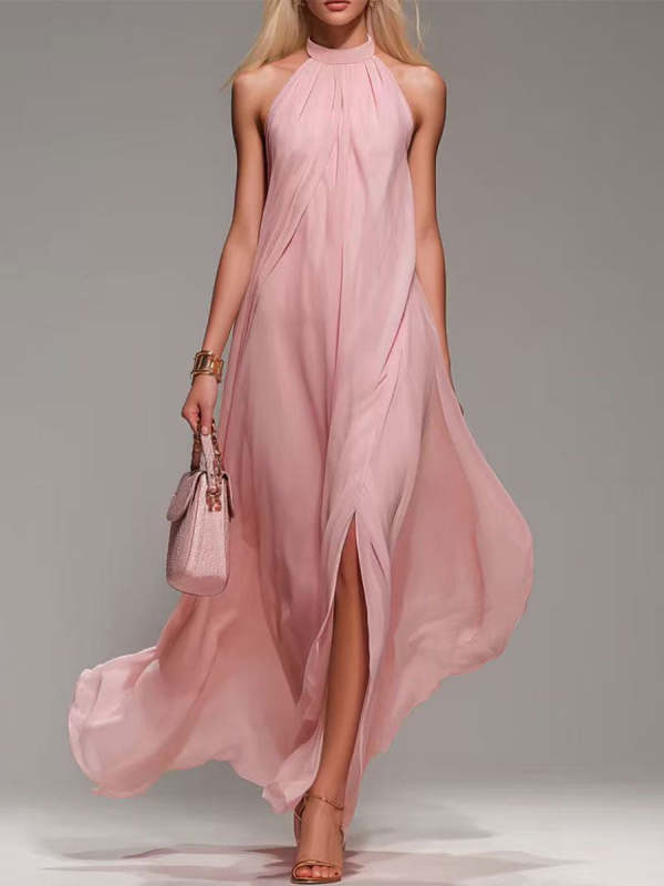 Women's Pink Halter-neck Backless Maxi Dress