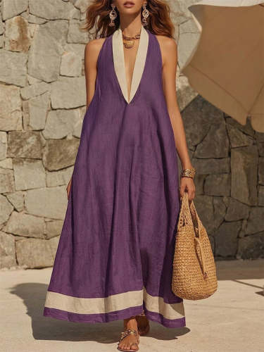 Color-block Trim Halter-neck Long Cotton-linen Dress