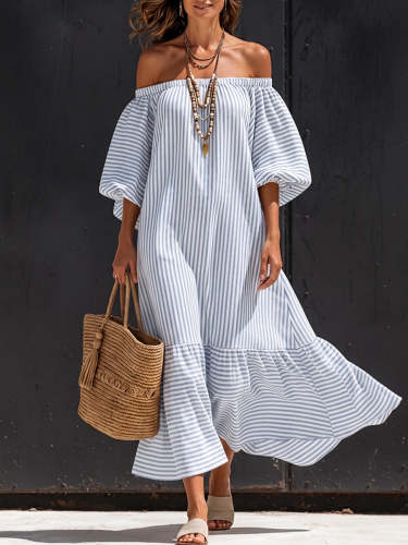 Elegant Striped Off-shoulder Cotton Dress With Lantern Sleeves