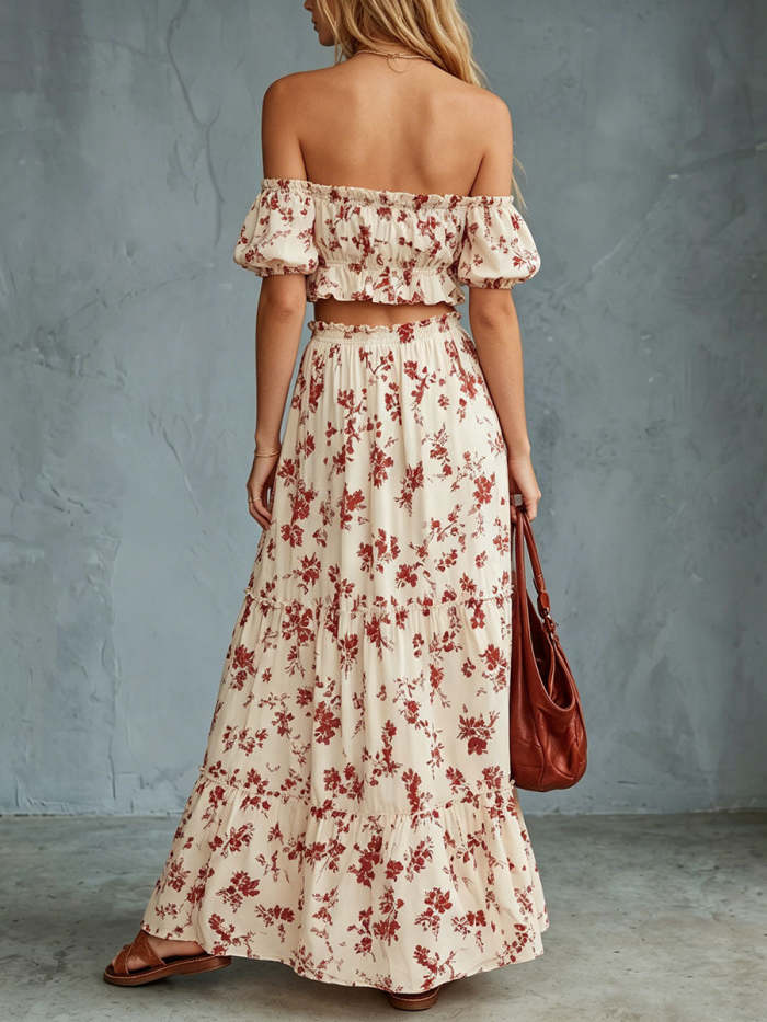 Women's Printed Off-white Short-sleeve Mesh Top With Tie Waist And Long Skirt Set