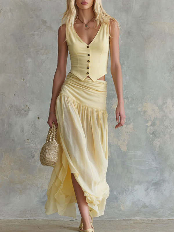 Women's Yellow Sleeveless V-neck Vest And Chiffon Skirt Set