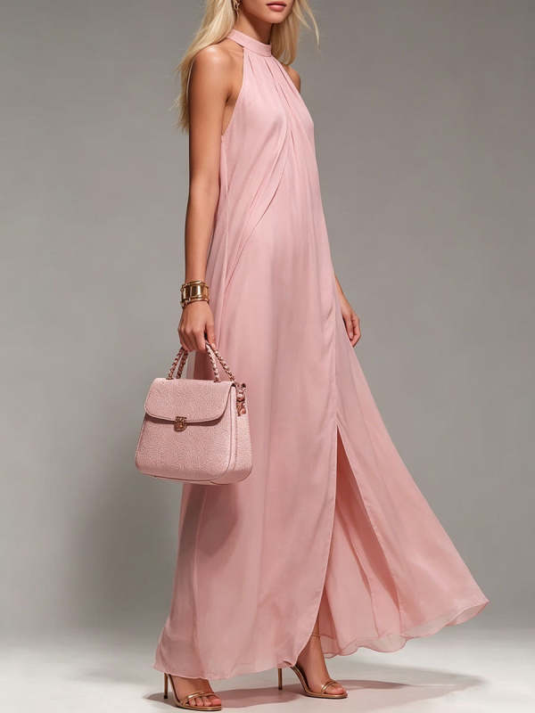 Women's Pink Halter-neck Backless Maxi Dress