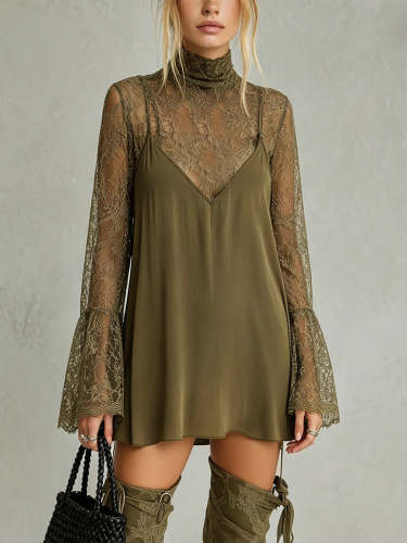 Stylish & Sexy Two-piece Set: Lace Top And Cotton Strappy Mini Dress