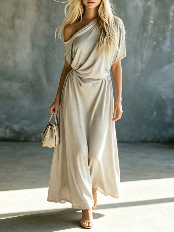 Women's Solid-color Cotton-linen Casual Off-shoulder Short-sleeve Maxi Dress