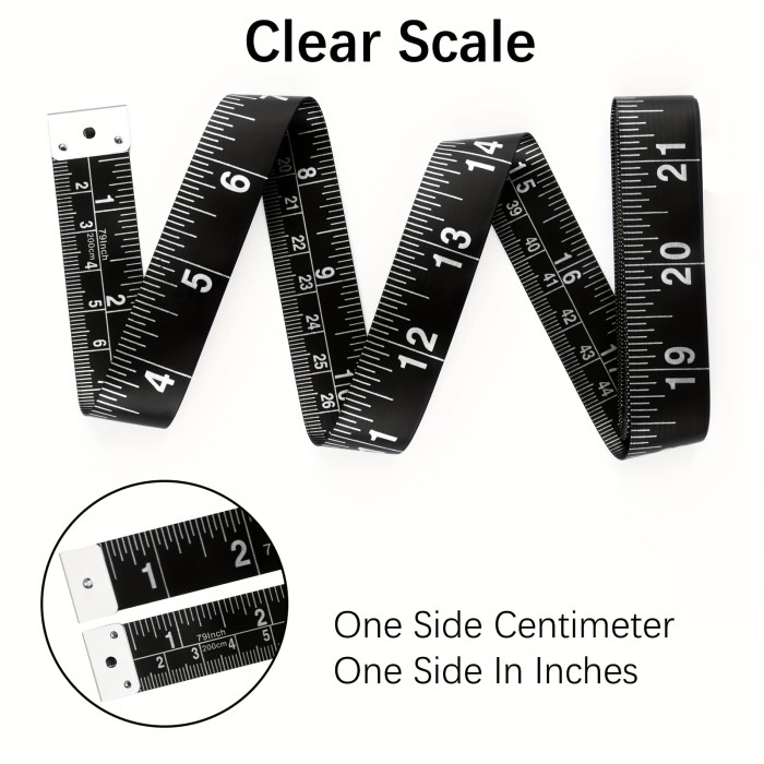 A Black\u002FYellow Measuring Tape Made of PVC Material, Waterproof And Dirt-Resistant, Measuring 200Cm\u002F79 Inches in Length And 2Cm in Width. It Features Exquisite Craftsmanship with Numbers And Is a Double-Sided Tape with Centimeters And Inches. Suitabl