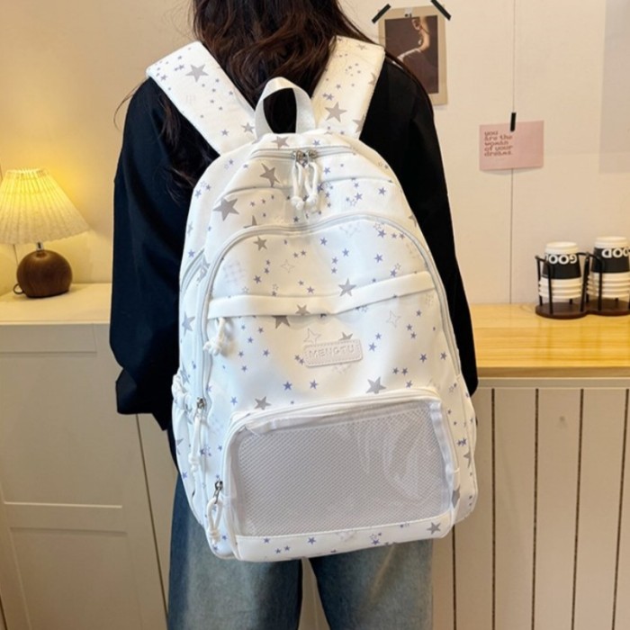 Fresh Star Pattern Backpack, Front Transparent Mesh Bag, Wear-Resistant Lightweight Daily Travel Bag