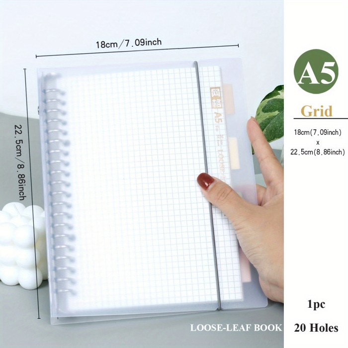 1pc, A5\u002FB5, 54 Sheets, 108 Pages, PP Cover, Removable Clear Coil Loose-leaf Notebook, Horizontal Line, Grid, English, Notepad For Students Or Business, Journal