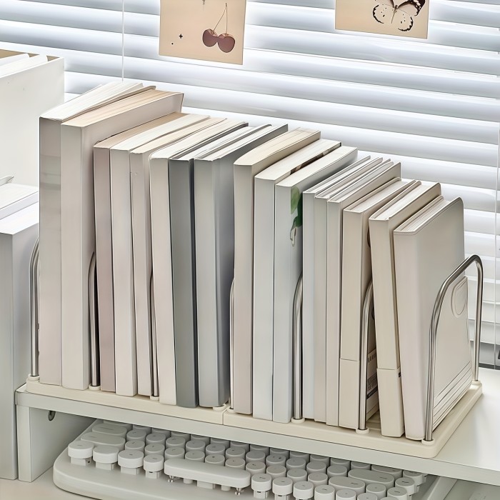 1pc Stainless Steel + PP Material Desktop Bookshelf | Non-Slip Base with Adjustable Divided Vertical Small Book Stand Rack | Modern Minimalist Office Desk Organizer Shelf for Mail and Documents Storage | Student Dorm Room Study Table Storage Rack