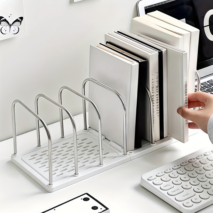 1pc Stainless Steel + PP Material Desktop Bookshelf | Non-Slip Base with Adjustable Divided Vertical Small Book Stand Rack | Modern Minimalist Office Desk Organizer Shelf for Mail and Documents Storage | Student Dorm Room Study Table Storage Rack
