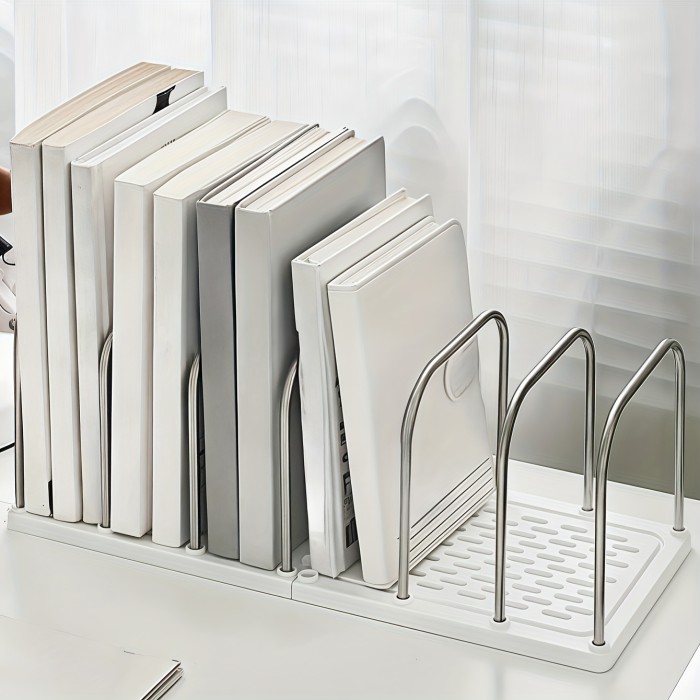 1pc Stainless Steel + PP Material Desktop Bookshelf | Non-Slip Base with Adjustable Divided Vertical Small Book Stand Rack | Modern Minimalist Office Desk Organizer Shelf for Mail and Documents Storage | Student Dorm Room Study Table Storage Rack