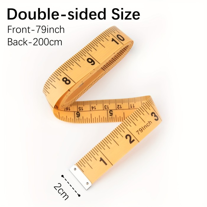 A Black\u002FYellow Measuring Tape Made of PVC Material, Waterproof And Dirt-Resistant, Measuring 200Cm\u002F79 Inches in Length And 2Cm in Width. It Features Exquisite Craftsmanship with Numbers And Is a Double-Sided Tape with Centimeters And Inches. Suitabl