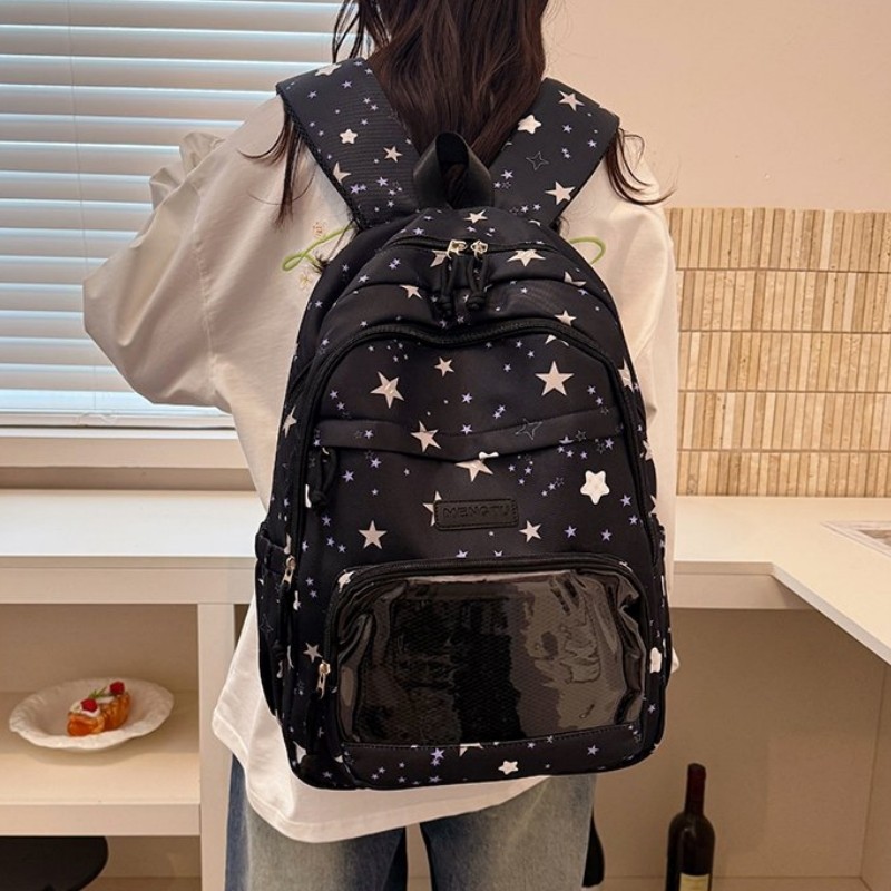 Fresh Star Pattern Backpack, Front Transparent Mesh Bag, Wear-Resistant Lightweight Daily Travel Bag