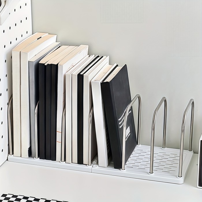 1pc Stainless Steel + PP Material Desktop Bookshelf | Non-Slip Base with Adjustable Divided Vertical Small Book Stand Rack | Modern Minimalist Office Desk Organizer Shelf for Mail and Documents Storage | Student Dorm Room Study Table Storage Rack