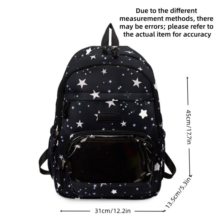 Fresh Star Pattern Backpack, Front Transparent Mesh Bag, Wear-Resistant Lightweight Daily Travel Bag