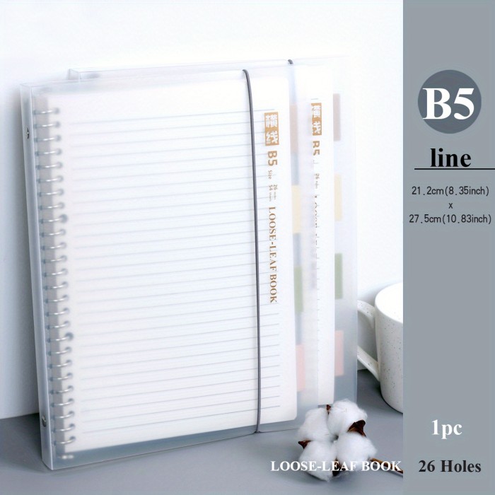 1pc, A5\u002FB5, 54 Sheets, 108 Pages, PP Cover, Removable Clear Coil Loose-leaf Notebook, Horizontal Line, Grid, English, Notepad For Students Or Business, Journal