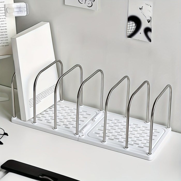 1pc Stainless Steel + PP Material Desktop Bookshelf | Non-Slip Base with Adjustable Divided Vertical Small Book Stand Rack | Modern Minimalist Office Desk Organizer Shelf for Mail and Documents Storage | Student Dorm Room Study Table Storage Rack